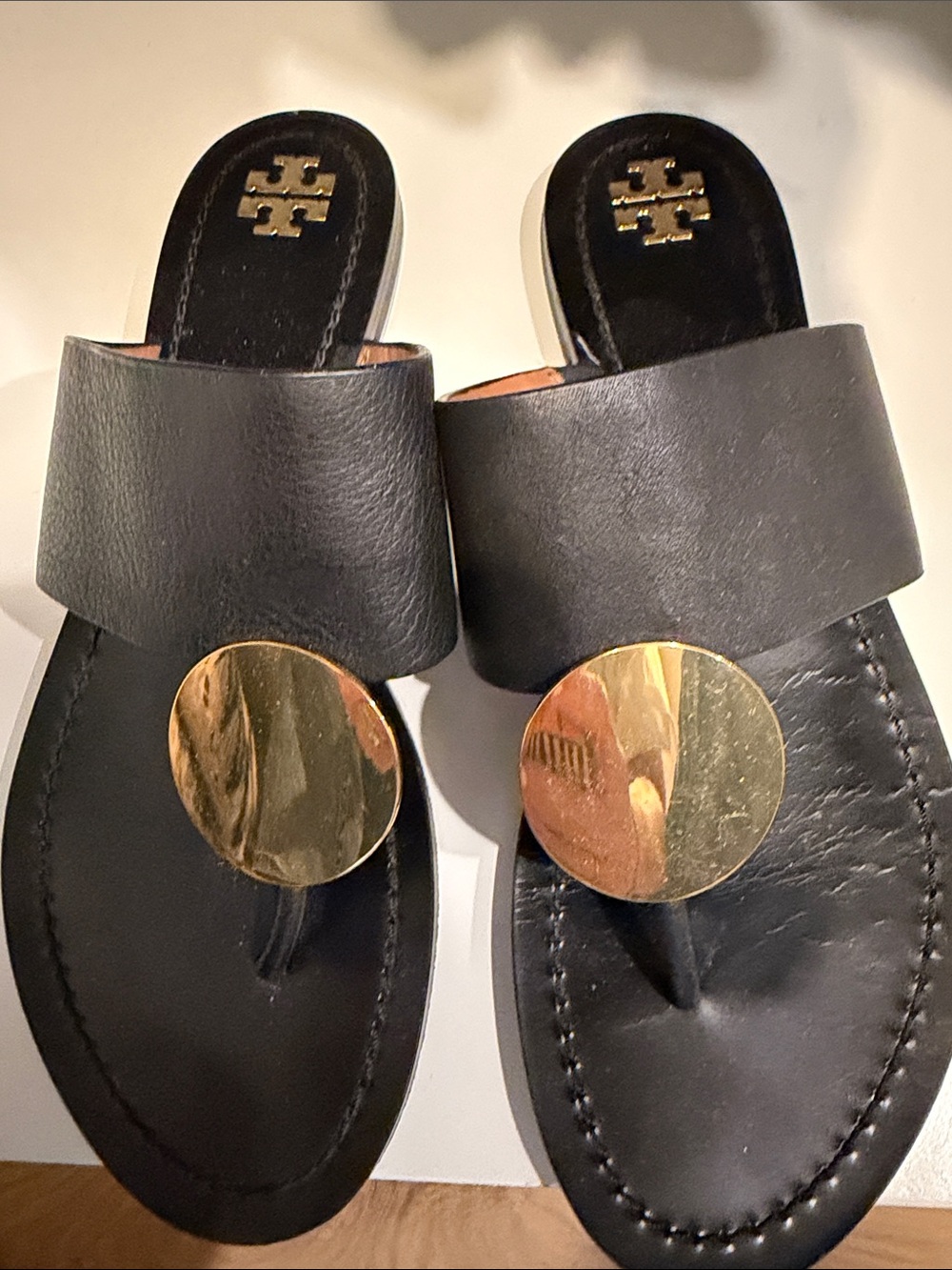 Tory Burch Black Leather Thong Sandals with Gold Disc